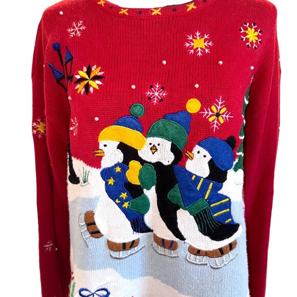 Designers Originals Studio L Red Ugly Christmas Holiday Sweater Skating Penguins - Picture 2 of 14